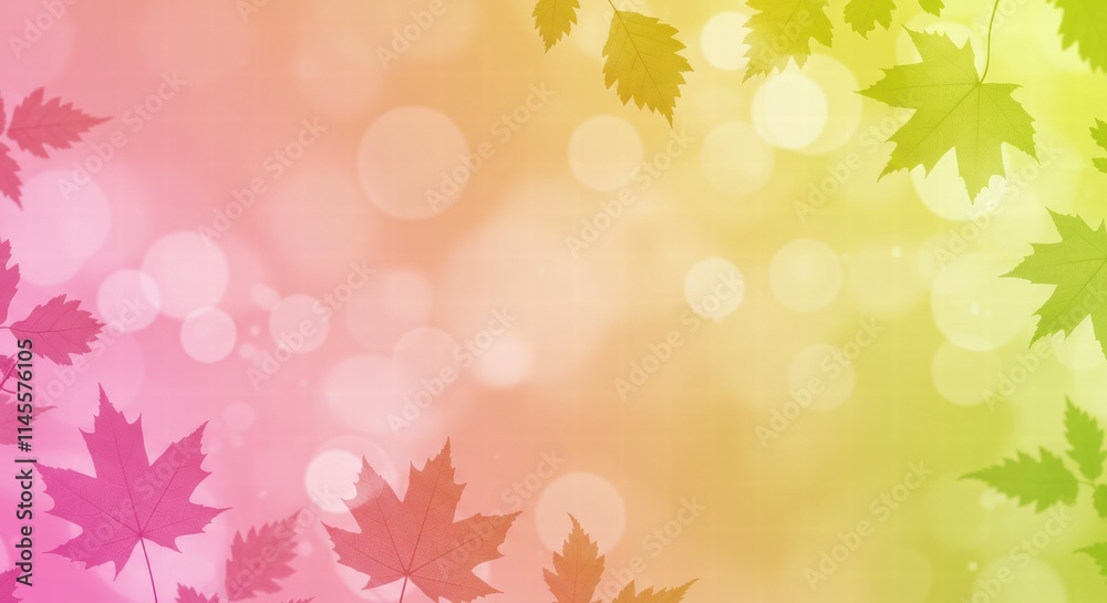 Autumnal Hues and Bokeh: A soft, dreamy backdrop for your creative projects. Delicate maple leaves dance gracefully against a vibrant gradient of pink, yellow, and green. Autumnal Hues and Bokeh: A soft, dreamy backdrop for your creative projects. Delicate maple leaves dance gracefully against a vibrant gradient of pink, yellow, and green.