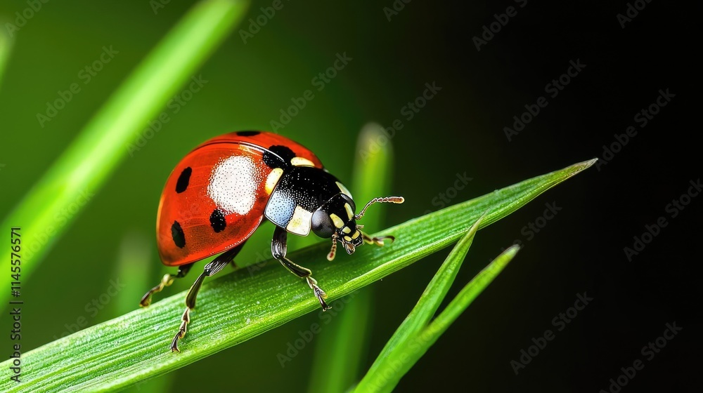 Macro natural concept. A vibrant ladybug perched on a green blade of grass in a lush environment. Macro natural concept. A vibrant ladybug perched on a green blade of grass in a lush environment.