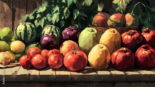 A variety of heirloom fruits arranged in a rustic display, emphasizing their rich colors and traditional shapes. Heirloom. Illustration photo