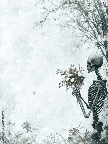 Dark Fantasy Christmas Scene Featuring a Skeleton Holding a Bouquet Surrounded by Snowy Atmosphere with Winter Elements and Subtle Floral Details