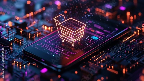 Futuristic mobile commerce platform showcasing seamless swipe to buy features glowing holographic product displays and AI powered personalized recommendations for a modern