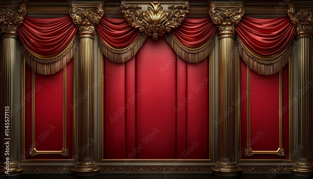 Elegant Red Paneling With Gilded Columns And Drapery Elegant Red Paneling With Gilded Columns And Drapery
