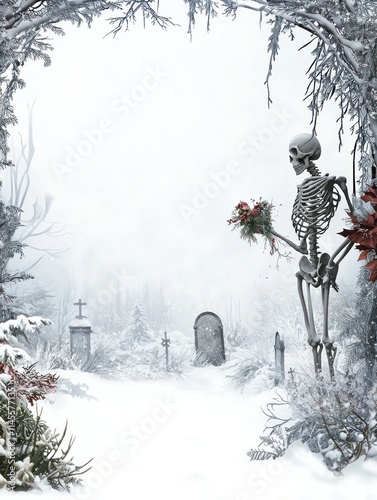 Eerie Winter Wonderland with Skeleton Holding Bouquets Amidst Snowy Graveyard, Perfect for Fantasy and Christmas Themes in a Dark and Atmospheric Setting
