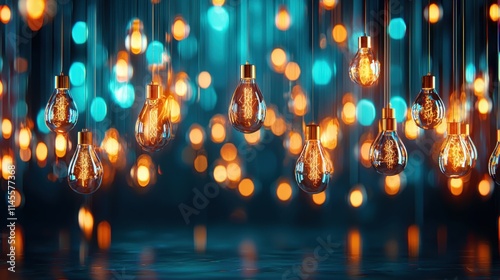 A mesmerizing display of glowing hanging lights against a soft blue background, creating a warm and inviting atmosphere.