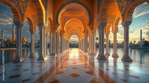 Majestic Colonnade Archway Leading To Mosque At Sunset photo