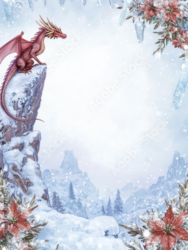 Majestic Dragon Perched Upon a Snowy Mountain Top with a Beautiful Christmas Border Featuring Flowers and Frosty Accents