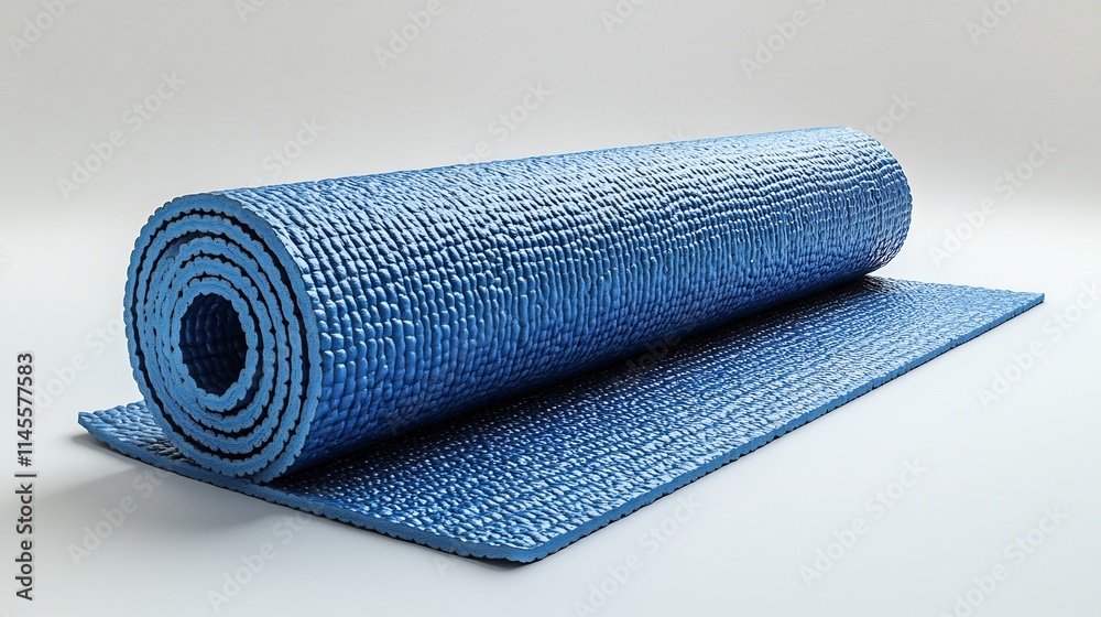 Single yoga mat rolled up and standing vertically on a white background highlighting fitness accessories Single yoga mat rolled up and standing vertically on a white background highlighting fitness accessories
