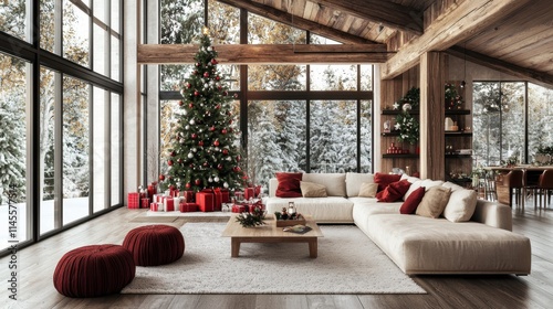 A cozy, modern living room decorated for the holidays, featuring a Christmas tree, festive gifts, and large windows with a snowy outdoor view.