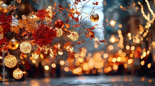 A beautifully decorated street with golden ornaments and autumn leaves, illuminated by warm lights, creating a festive and inviting atmosphere.
