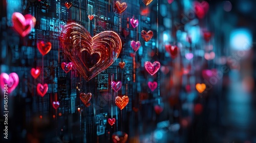 A vibrant display of colorful hearts against a dark, digital backdrop, symbolizing love and connection in a modern, abstract setting.