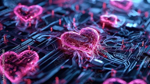 A digital image featuring glowing pink hearts set against a dark, circuit-like background, symbolizing the fusion of technology and love.