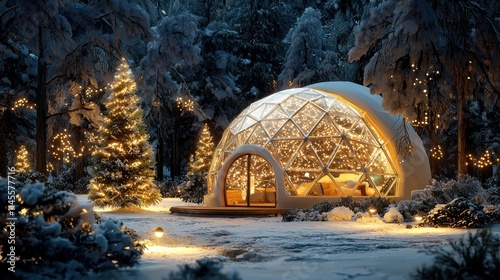 A cozy igloo-style cabin surrounded by snowy trees, adorned with festive lights, creating a magical winter scene.