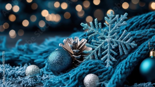 A serene winter scene featuring blue decorations, a snowflake, a pine cone, and shimmering ornaments, set against a soft knitted background.