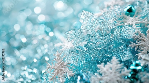 A close-up of intricate snowflakes on a shimmering blue background, capturing the beauty of winter and the magic of frost.