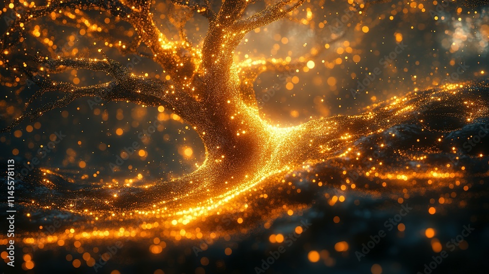 Glowing Tree Of Golden Light In Dark Forest Glowing Tree Of Golden Light In Dark Forest