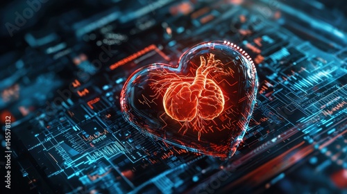 A glowing heart symbol on a digital circuit background, representing the fusion of technology and health.