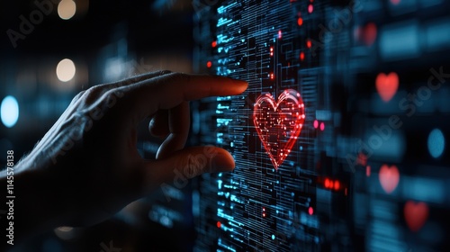 A hand interacts with a digital interface, highlighting a glowing red heart among a network of data, symbolizing connection and technology.