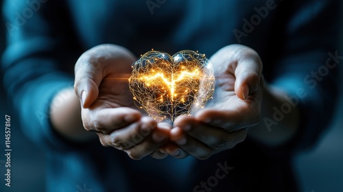 A pair of hands gently cradles a glowing, spark-filled heart, symbolizing love, energy, and connection in a captivating and intimate manner.