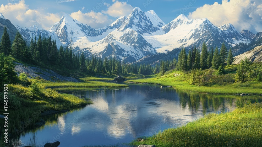 Serene Alpine Meadow with Winding River and Majestic Mountains Serene Alpine Meadow with Winding River and Majestic Mountains