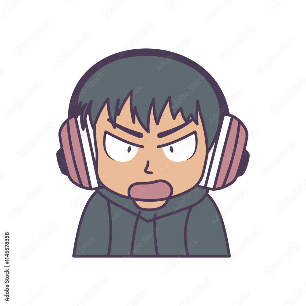 Cute Gamer Boy Cartoon Character Wearing Headset with Annoyed Angry Expression Cute Gamer Boy Cartoon Character Wearing Headset with Annoyed Angry Expression