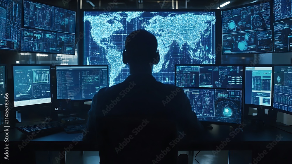 Silhouetted person sits before multiple monitors displaying global data. Silhouetted person sits before multiple monitors displaying global data.