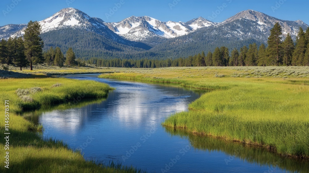 Serene Alpine Meadow with Winding River and Snowy Mountains Serene Alpine Meadow with Winding River and Snowy Mountains