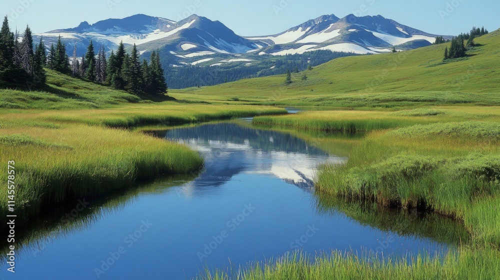 Peaceful Alpine Meadow with Winding Stream and Majestic Mountains Peaceful Alpine Meadow with Winding Stream and Majestic Mountains