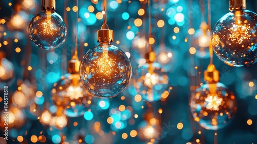 Shimmering Christmas ornaments hang against a vibrant blue backdrop, creating a festive and magical atmosphere filled with sparkling lights.