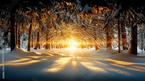 A serene winter landscape featuring snow-covered trees and a golden sunrise illuminating the path, creating a tranquil and magical atmosphere.