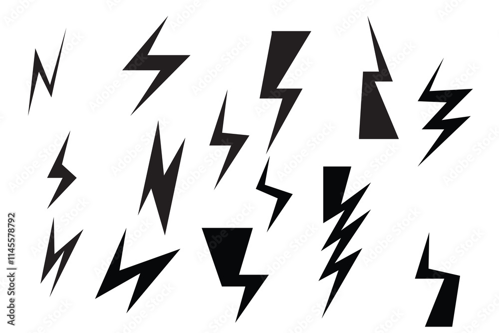Collection of Abstract Lightning Bolt Icons. A set of diverse, stylized lightning bolt icons in black on a white background. Collection of Abstract Lightning Bolt Icons. A set of diverse, stylized lightning bolt icons in black on a white background.