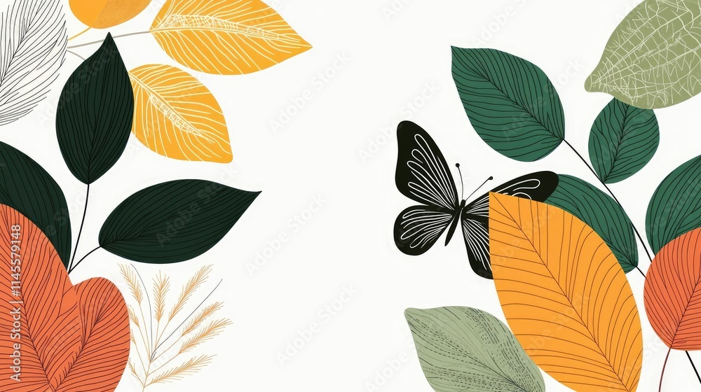 Obraz premium Micro foliage concept. Colorful leaves and a butterfly create a vibrant natural scene for seasonal inspiration.