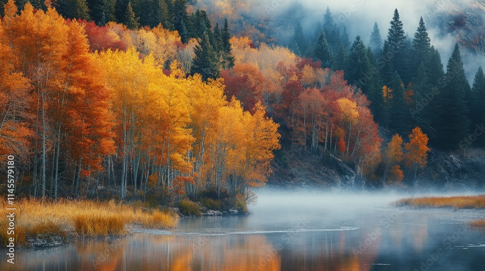 Peaceful Autumn Morning with Misty Reflections on Calm Water Peaceful Autumn Morning with Misty Reflections on Calm Water