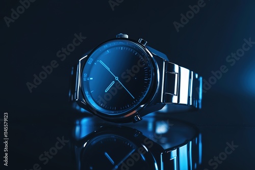 futuristic smartwatch displayed against dark reflective surface with subtle glow