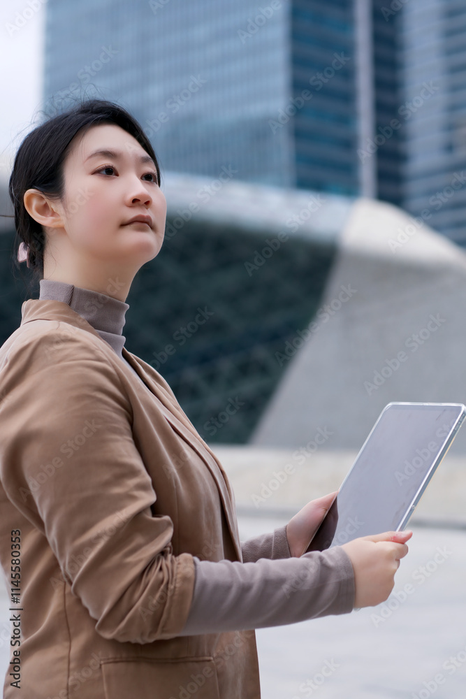 Professional Businesswoman Using Tablet in Modern Urban Setting Professional Businesswoman Using Tablet in Modern Urban Setting