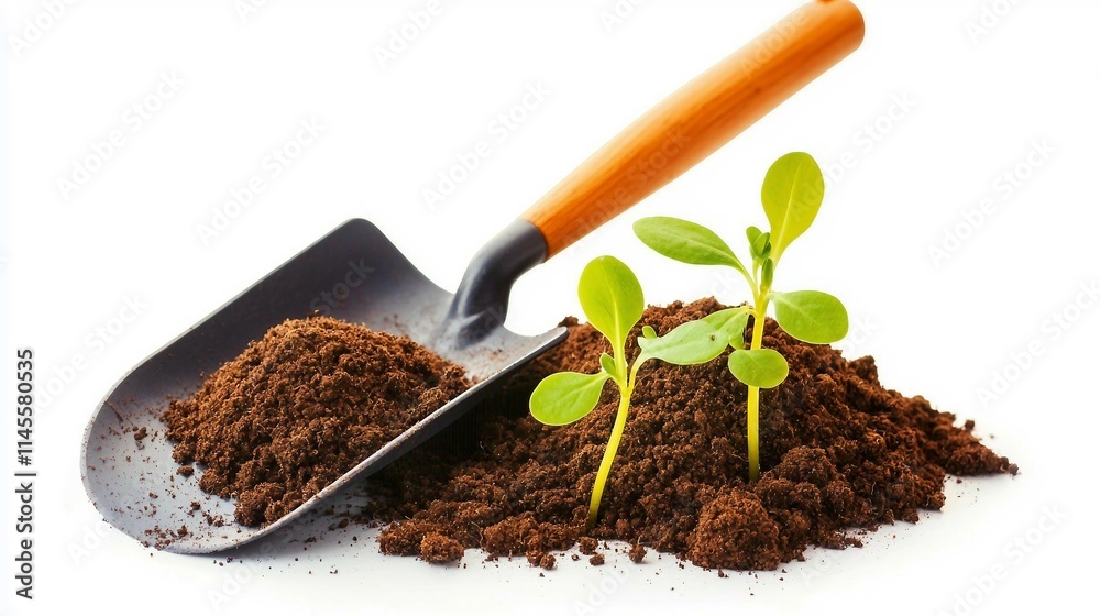 Fresh Green Seedlings Growing from Dark Soil with a Garden Trowel Fresh Green Seedlings Growing from Dark Soil with a Garden Trowel