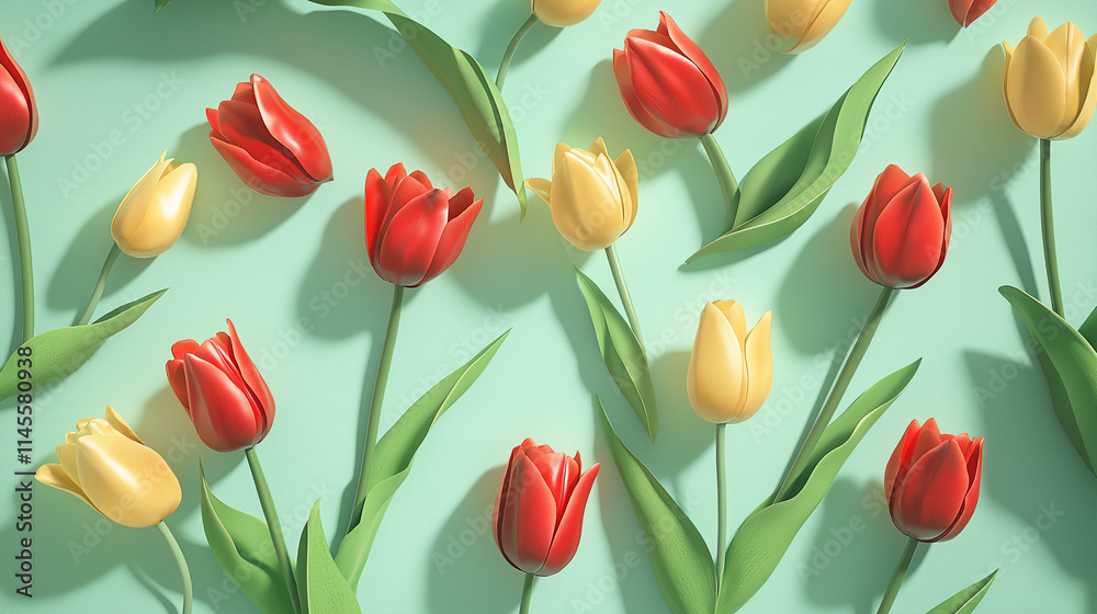 A bed of red and yellow tulips, isolated on a light green background, vibrant and realistic. A bed of red and yellow tulips, isolated on a light green background, vibrant and realistic.