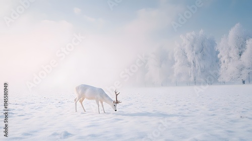 White deer grazing in a snowy winter landscape photo
