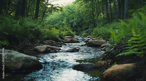 Peaceful Creek Running Through Lush Green Forest with Rocks