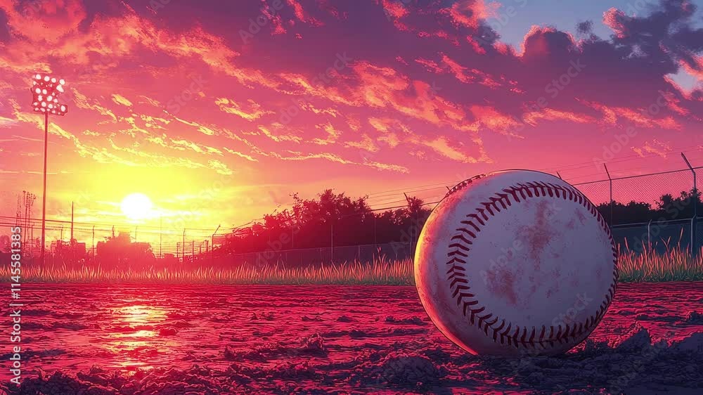 Sunset baseball magic with vibrant skies and a lone ball resting on the field seamless 4K time-lapse virtual video animation background