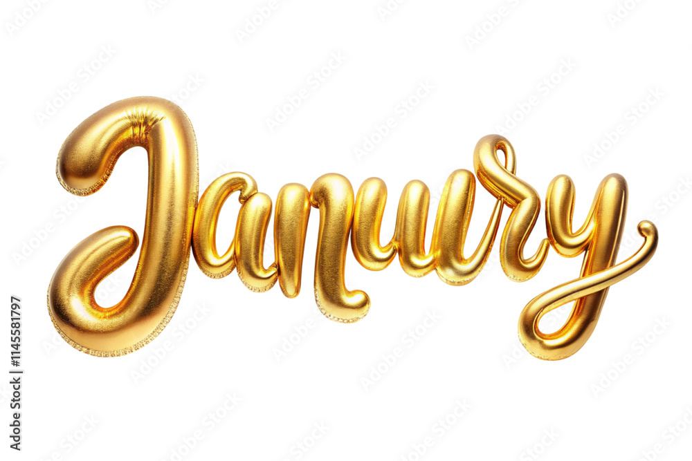 Shiny gold January word in luxurious 3D typography, ideal for New Year decorations and promotional design themes.