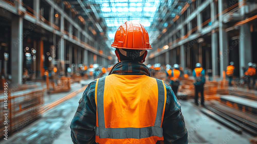 A construction worker observes the progress of a large industrial site. A construction worker observes the progress of a large industrial site.