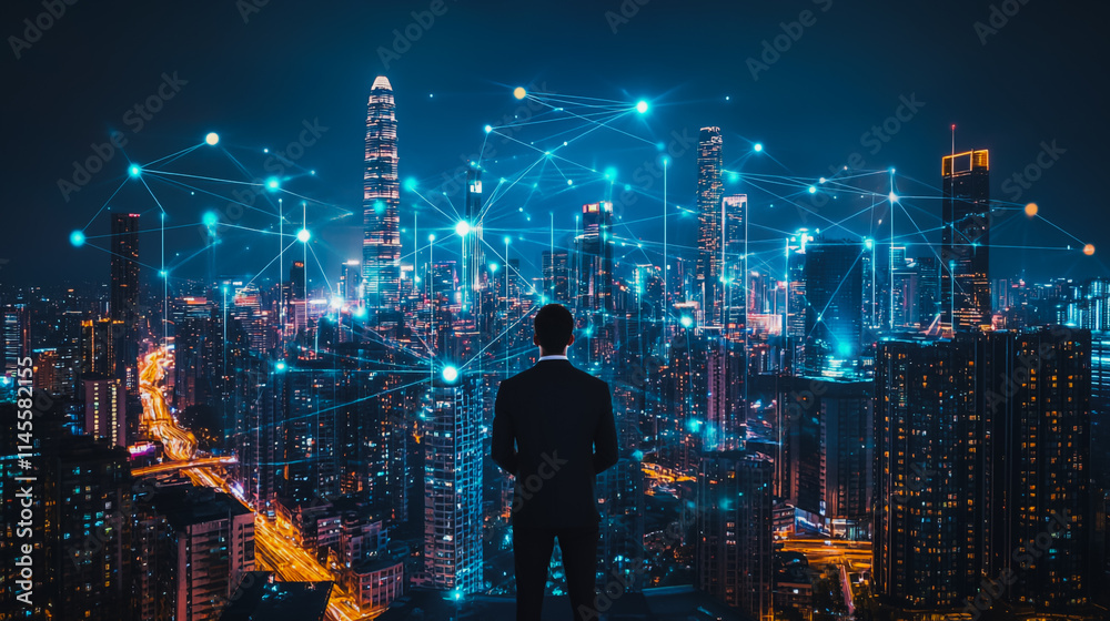 Smart digital city with connection cyber security network reciprocity over the cityscape . future smart wireless digital city and social media networking systems that connects people within the city Smart digital city with connection cyber security network reciprocity over the cityscape . future smart wireless digital city and social media networking systems that connects people within the city