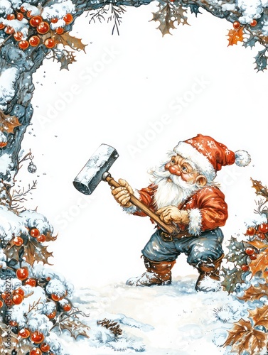 Charming Christmas Scene Featuring a Dwarf Blacksmith with a Hammer Surrounded by Holly and Berries in a Winter Wonderland Frame