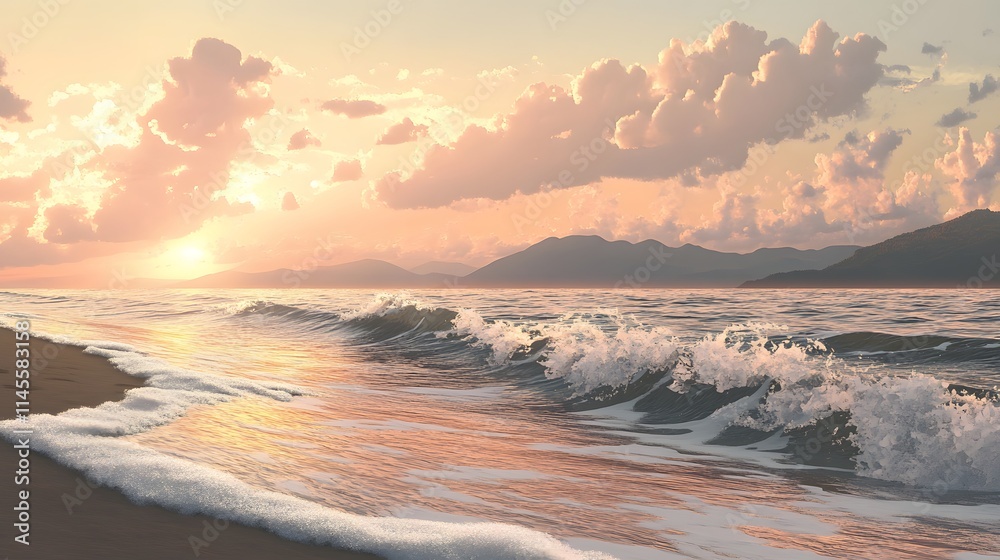 Naklejka premium Sunset waves crashing on beach coastal landscape nature photography tranquil environment wide angle view