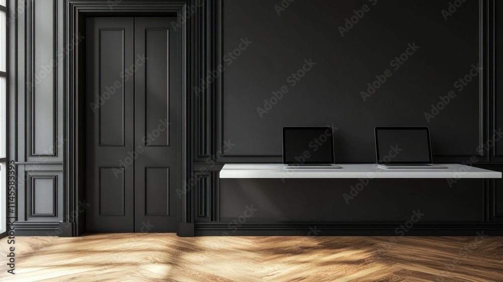 Elegant Black Interior with Two Laptops on a White Shelf Elegant Black Interior with Two Laptops on a White Shelf