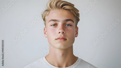 Blonde haired teenage boy portrait against plain background photo