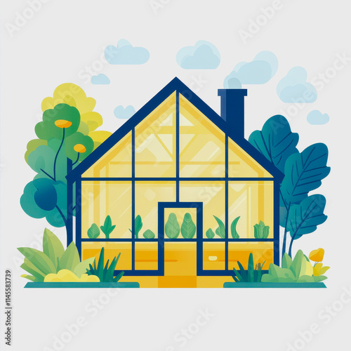 Greenhouse gas emissions reduction concept flat icon house surrounded by trees and bushes environmental awareness photo