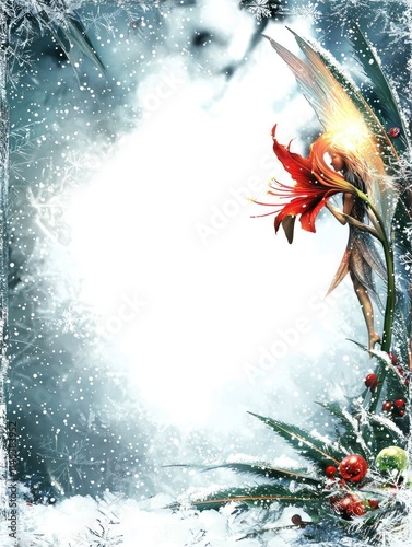 Beautiful Christmas Fairy with a Red Flower in a Snowy Frame Surrounded by Delicate Snowflakes and Seasonal Elements Perfect for Holiday Greetings
