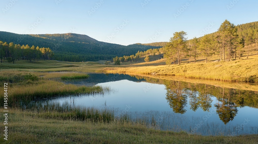 Peaceful Mountain Valley with Mirror-Like Reflections in Water Peaceful Mountain Valley with Mirror-Like Reflections in Water
