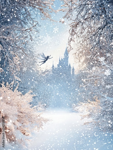 Enchanting Winter Wonderland Featuring a Fairy Flying Through a Snowy Landscape with Delicate Snowflakes and a Majestic Castle in the Background